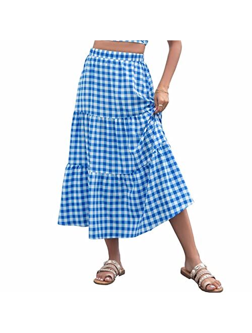 ThCreasa Womens Boho Elastic High Waisted A Line Maxi Skirts Ruffles Tiered Beach Swing Long Skirt with Pockets