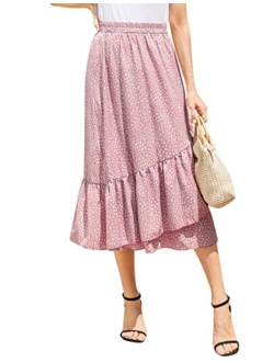 GloryStar Women's Floral Printed Midi Skirt Elastic Waist Ruffle Tiered Flowy Skirt