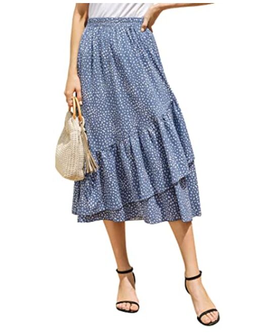 GloryStar Women's Floral Printed Midi Skirt Elastic Waist Ruffle Tiered Flowy Skirt