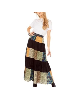 Young Threads Women’s Patchwork Boho Floral Maxi Gypsy Tiered Multicolor Elastic Waist A Line Maxi Skirt S-XL