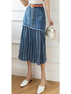CHARTOU Women's Elegant High Waist Stripes Pleated A-Line Swing Midi Denim Jean Skirt