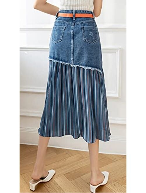 CHARTOU Women's Elegant High Waist Stripes Pleated A-Line Swing Midi Denim Jean Skirt