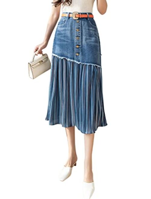 CHARTOU Women's Elegant High Waist Stripes Pleated A-Line Swing Midi Denim Jean Skirt