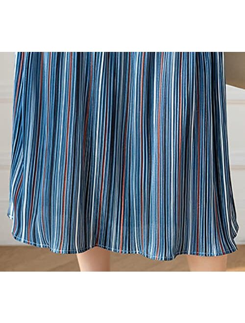 CHARTOU Women's Elegant High Waist Stripes Pleated A-Line Swing Midi Denim Jean Skirt