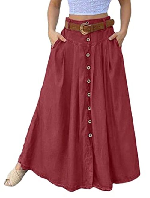 CHARTOU Women's Summer High Waist Front Button Flared Swing Maxi Long Skirt with Belt