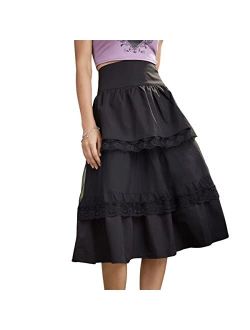 Women's High Elastic Waisted Lace Trim Midi Skirt Tiered Layer Ruffle Hem A Line Skirts