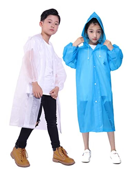 HLKZONE Raincoat for Kids, [2 Pack] EVA Kids Rain Coat Reusable Rain Poncho Jacket for Boys and Girls 6-13 Years Old