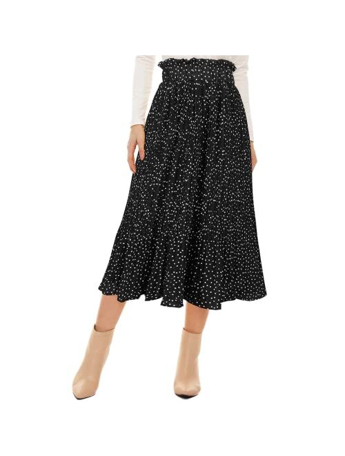 NiPaMi Women's High Waist Pleated Skirt Polka Dot Midi Swing Skirt Casual Long Skirt with Pockets