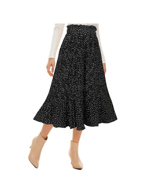 NiPaMi Women's High Waist Pleated Skirt Polka Dot Midi Swing Skirt Casual Long Skirt with Pockets