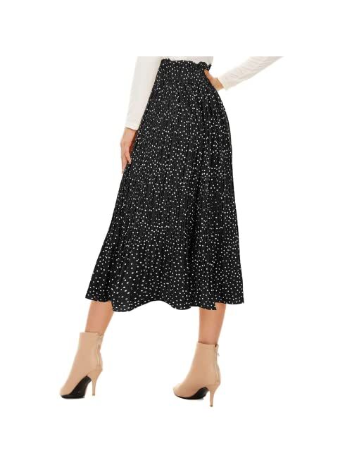 NiPaMi Women's High Waist Pleated Skirt Polka Dot Midi Swing Skirt Casual Long Skirt with Pockets