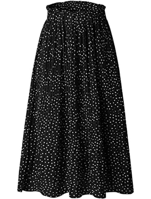 NiPaMi Women's High Waist Pleated Skirt Polka Dot Midi Swing Skirt Casual Long Skirt with Pockets