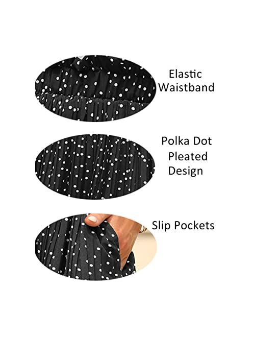 NiPaMi Women's High Waist Pleated Skirt Polka Dot Midi Swing Skirt Casual Long Skirt with Pockets