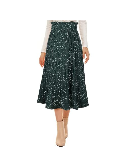 NiPaMi Women's High Waist Pleated Skirt Polka Dot Midi Swing Skirt Casual Long Skirt with Pockets