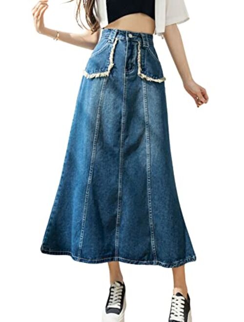 CHARTOU Women's Retro High Waist Long Denim A Line Maxi Skirt with Pockets