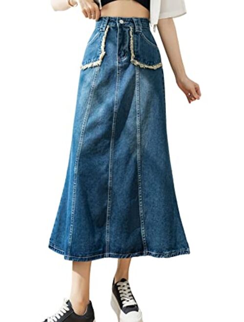 CHARTOU Women's Retro High Waist Long Denim A Line Maxi Skirt with Pockets