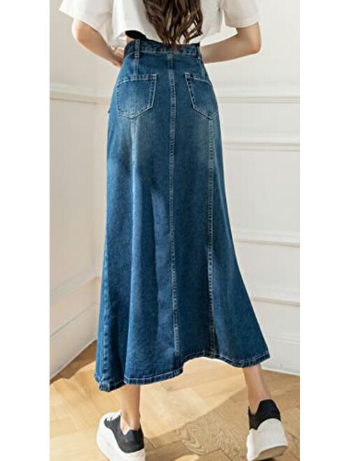 CHARTOU Women's Retro High Waist Long Denim A Line Maxi Skirt with Pockets