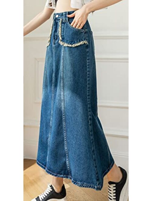 CHARTOU Women's Retro High Waist Long Denim A Line Maxi Skirt with Pockets