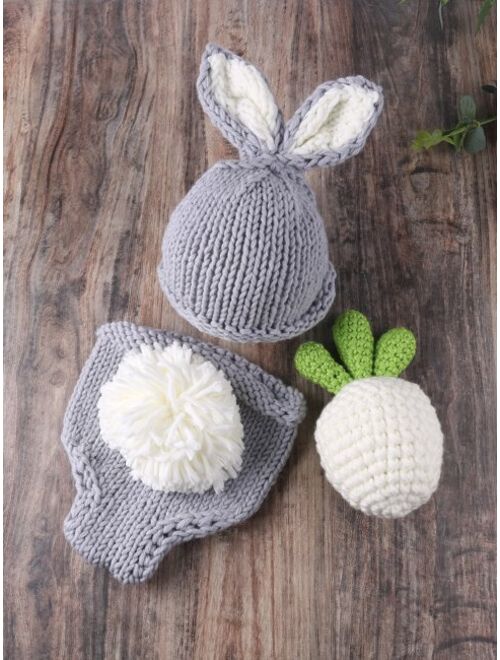 Shein Newborn Unisex Pom Pom Back Knitted Shorts & Hat & Carrot Toy Photography Prop Set