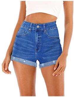 Cuihur Women's Summer Casual Denim High Waisted Folded Hem Jeans Shorts for Juniors