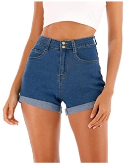 Cuihur Women's Summer Casual Denim High Waisted Folded Hem Jeans Shorts for Juniors