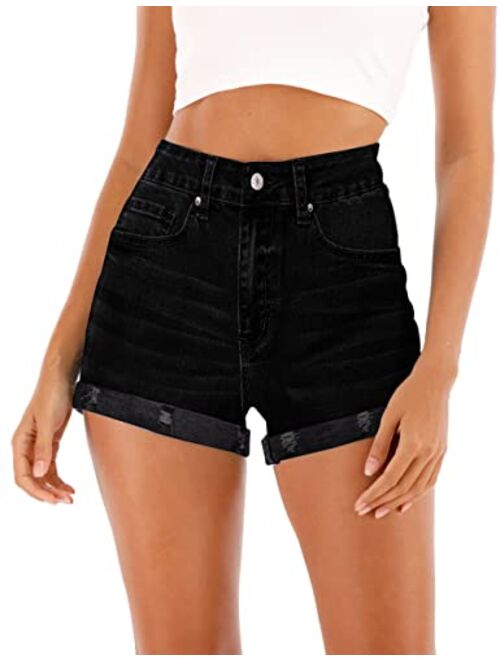 Cuihur Women's Summer Casual Denim High Waisted Folded Hem Jeans Shorts for Juniors