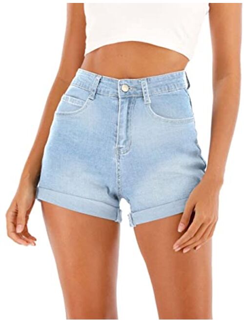 Cuihur Women's Summer Casual Denim High Waisted Folded Hem Jeans Shorts for Juniors