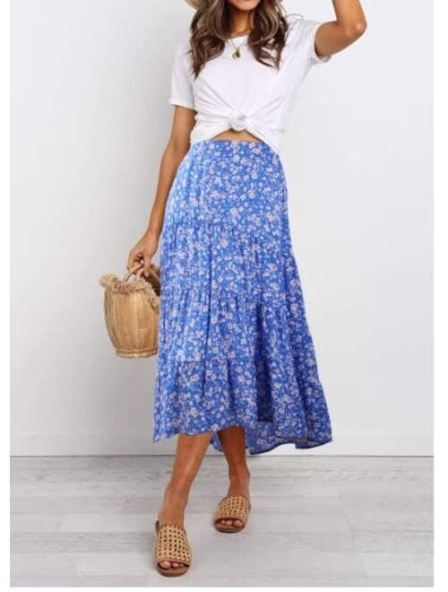 PRETTYGARDEN Women's Ditzy Floral Midi Boho Elastic High Waist Skirt