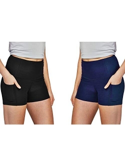 DEVOPS Women's 2-Pack High Waist Workout Yoga Running Exercise Shorts with Side Pockets