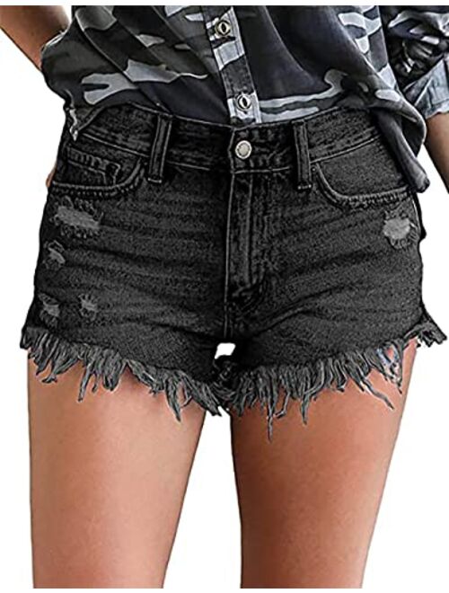 Necooer Women Denim Shorts Casual Summer Mid Waist Stretchy Denim Jean Shorts