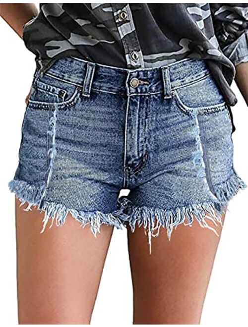 Necooer Women Denim Shorts Casual Summer Mid Waist Stretchy Denim Jean Shorts