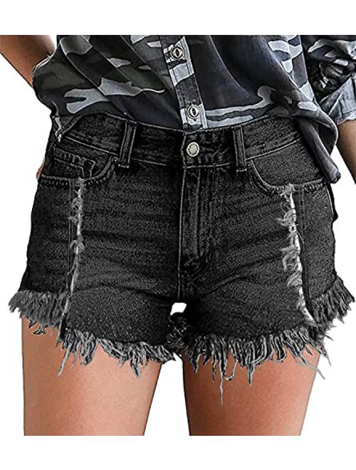 Necooer Women Denim Shorts Casual Summer Mid Waist Stretchy Denim Jean Shorts