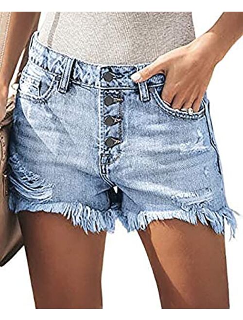 Necooer Women Denim Shorts Casual Summer Mid Waist Stretchy Denim Jean Shorts