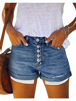 SANMM Women Denim-Shorts Summer-Ripped-Jean Mid-Waisted - Casual Stretchy Folded Hem Hot Short Jeans