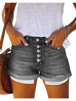 SANMM Women Denim-Shorts Summer-Ripped-Jean Mid-Waisted - Casual Stretchy Folded Hem Hot Short Jeans