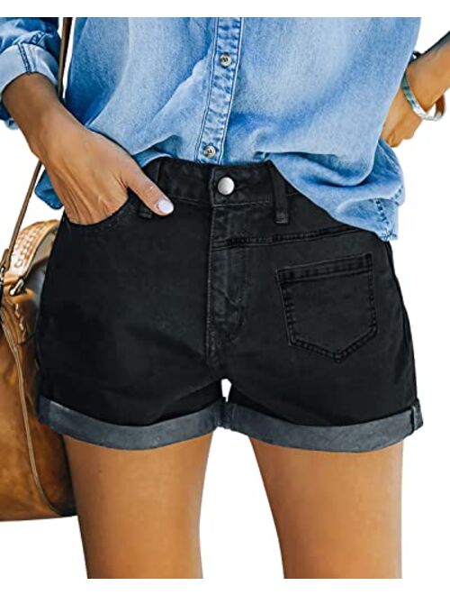 SANMM Women Denim-Shorts Summer-Ripped-Jean Mid-Waisted - Casual Stretchy Folded Hem Hot Short Jeans