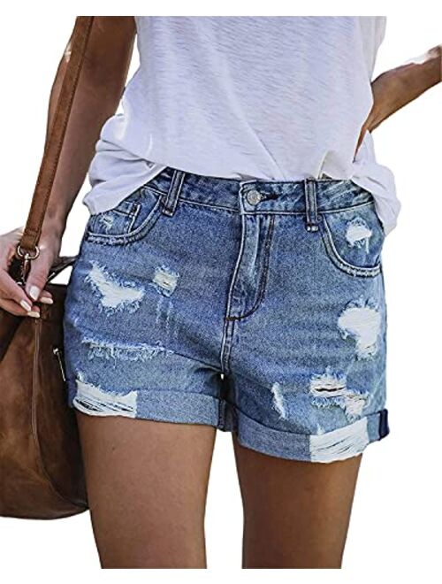 SANMM Women Denim-Shorts Summer-Ripped-Jean Mid-Waisted - Casual Stretchy Folded Hem Hot Short Jeans