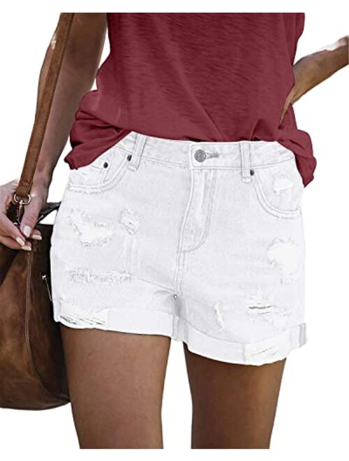 SANMM Women Denim-Shorts Summer-Ripped-Jean Mid-Waisted - Casual Stretchy Folded Hem Hot Short Jeans