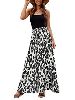 Bluetime Women Leopard Print Long Skirts Chiffon Summer Beach Pleated Elastic High Waisted Maxi Skirts