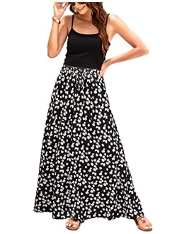 Bluetime Women Leopard Print Long Skirts Chiffon Summer Beach Pleated Elastic High Waisted Maxi Skirts