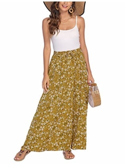 Bluetime Women Leopard Print Long Skirts Chiffon Summer Beach Pleated Elastic High Waisted Maxi Skirts