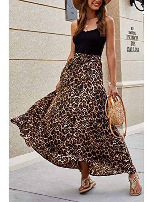 Bluetime Women Leopard Print Long Skirts Chiffon Summer Beach Pleated Elastic High Waisted Maxi Skirts