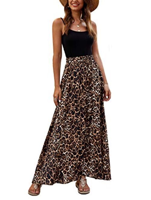 Bluetime Women Leopard Print Long Skirts Chiffon Summer Beach Pleated Elastic High Waisted Maxi Skirts