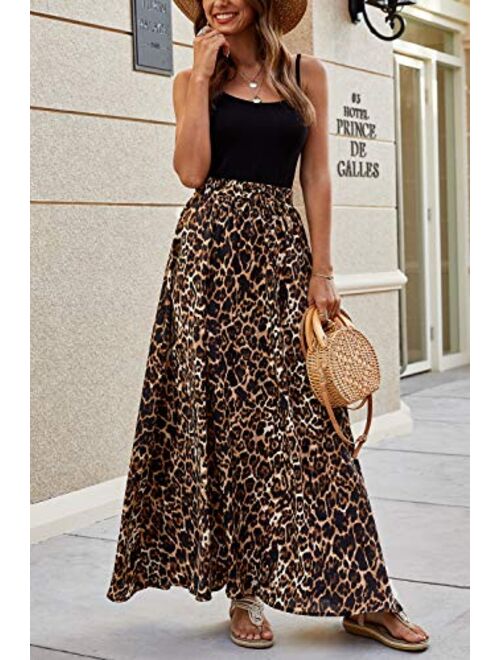 Bluetime Women Leopard Print Long Skirts Chiffon Summer Beach Pleated Elastic High Waisted Maxi Skirts