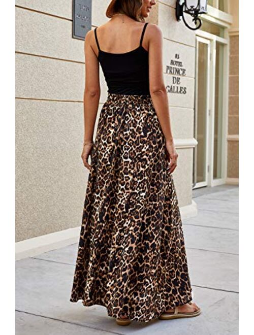 Bluetime Women Leopard Print Long Skirts Chiffon Summer Beach Pleated Elastic High Waisted Maxi Skirts