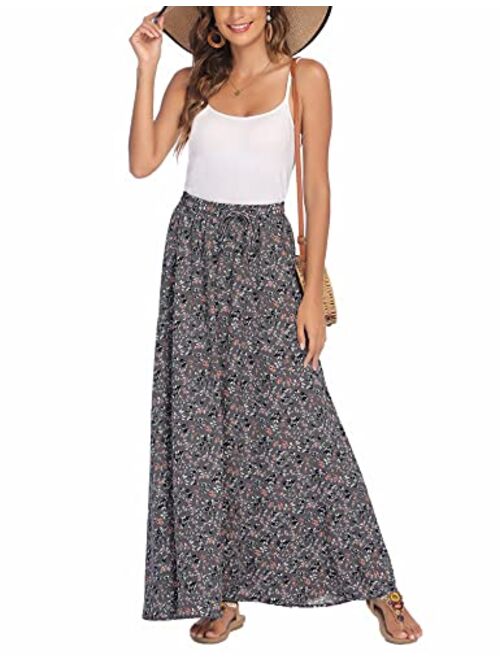 Bluetime Women Leopard Print Long Skirts Chiffon Summer Beach Pleated Elastic High Waisted Maxi Skirts