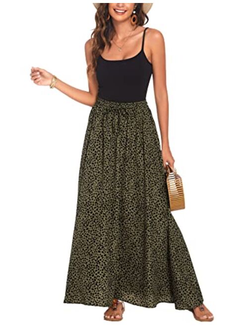 Bluetime Women Leopard Print Long Skirts Chiffon Summer Beach Pleated Elastic High Waisted Maxi Skirts