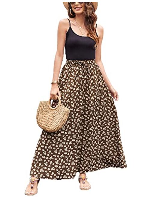 Bluetime Women Leopard Print Long Skirts Chiffon Summer Beach Pleated Elastic High Waisted Maxi Skirts