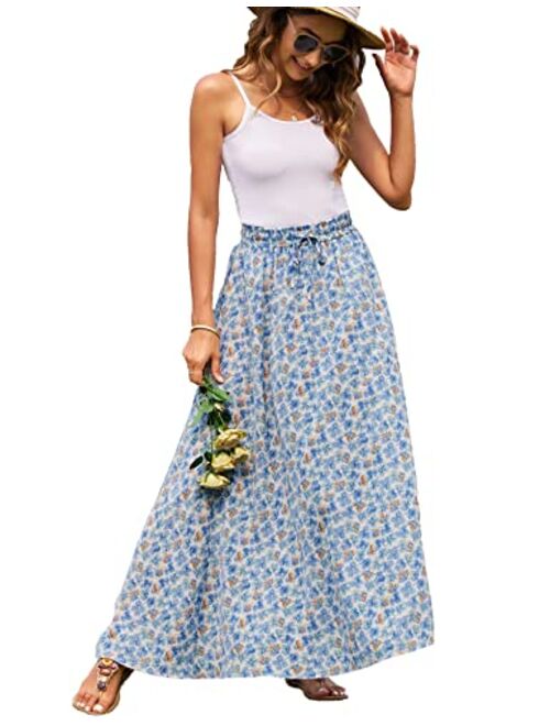 Bluetime Women Leopard Print Long Skirts Chiffon Summer Beach Pleated Elastic High Waisted Maxi Skirts