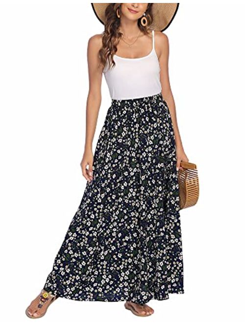 Bluetime Women Leopard Print Long Skirts Chiffon Summer Beach Pleated Elastic High Waisted Maxi Skirts