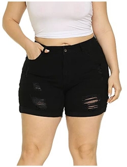 ALLEGRACE Plus Size Denim Shorts Women High Waisted Ripped Folded Hem Jean Shorts